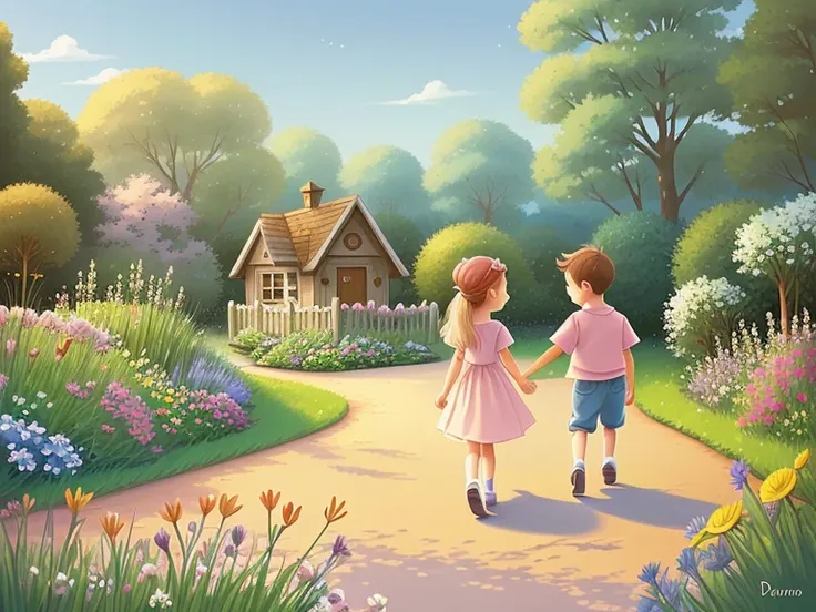 very cute illustration for a childrens picture book，Dreamy and the kids took care of the dreamy garden together, making it even more beautiful.，Muted or Subdued Illustration Styles， Digital Painting， by Pixar style