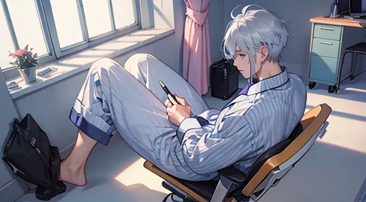 man writing a diary、s Pajamas、Silver hair、posterior view、sitdown、a desk、Ahoge