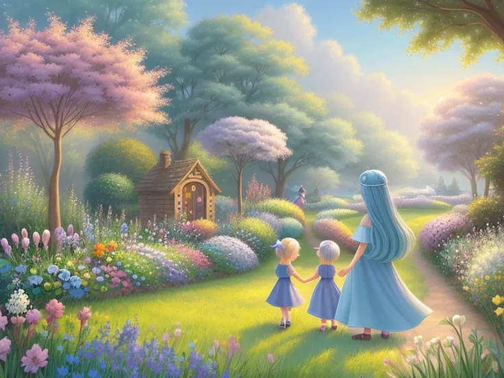 very cute illustration for a childrens picture book，Dreamy with blue hair and the kids took care of the dream-like garden together，Muted or Subdued Illustration Styles， Digital Painting， by Pixar style