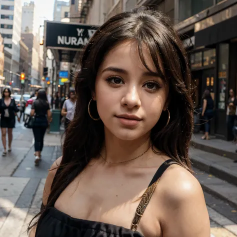 Foco rosto, Camila Cabello em uma rua de nova York,fundo desfocado, sunny lighting,ultra realista