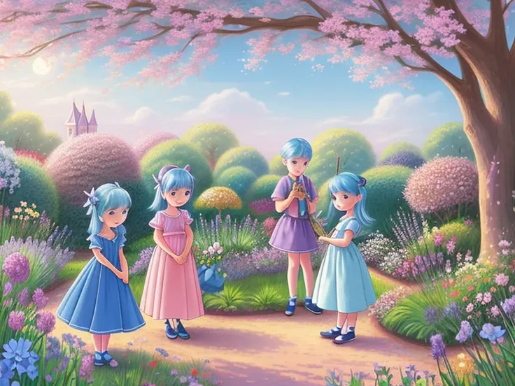 very cute illustration for a childrens picture book，Dreamy with blue hair and her friends took care of the dream-like garden together, making it even more beautiful, the garden is purple pink blue ，Muted or Subdued Illustration Styles， Digital Painting， by...