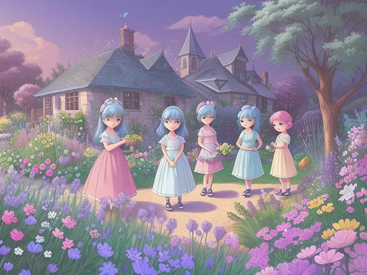 very cute illustration for a childrens picture book，Dreamy with blue hair and her friends took care of the dream-like garden together, making it even more beautiful, the garden is purple pink blue ，Muted or Subdued Illustration Styles， Digital Painting， by...