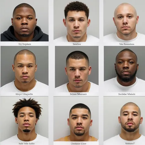 A photo realistic poster board of alleged gang members, young minority’s, shown from left the right. The alleged gang members will be shown with their photorealistic, hyper realistic, human like, life like, dark grey background mugshots and under them will...