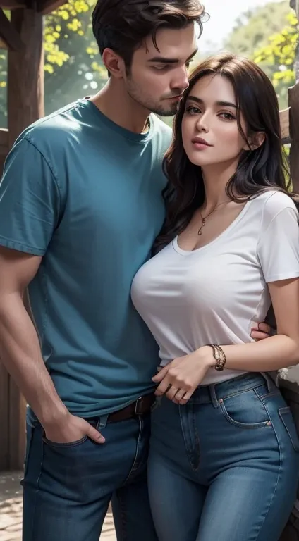 Young boy wearing jeans & tee shirt, and sexy woman wearing a sexy blouse & jeans, vibrant colors, about to kiss passionately in a beautiful natural outdoor context, natural lighting, sexy, hot, lustful, Ultra HD detailed image, close up shot, big sexy exp...