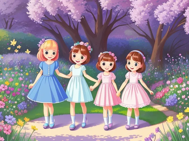 very cute illustration for a childrens picture book，In the blue pink purple dreamy garden appeared a "Friendship Flower," making friendships stronger.，Muted or Subdued Illustration Styles， Digital Painting， by Pixar style