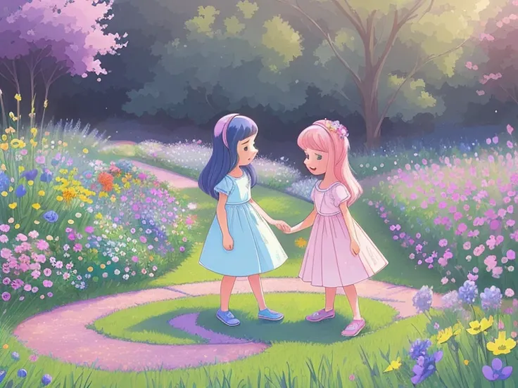 very cute illustration for a childrens picture book，In the blue pink purple dreamy garden appeared a "Friendship Flower," making friendships stronger.，Muted or Subdued Illustration Styles， Digital Painting， by Pixar style