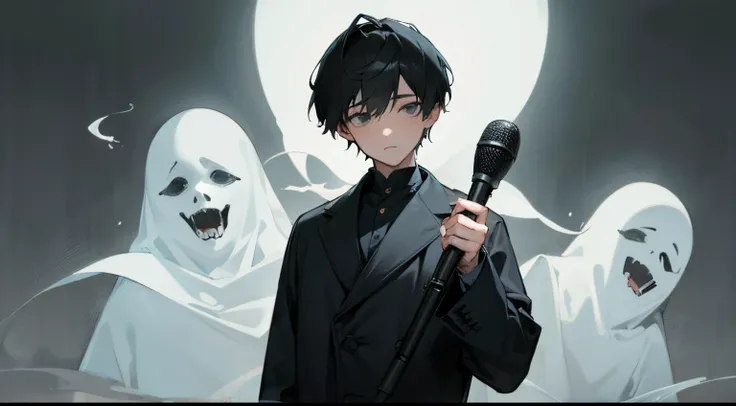 masterpiece, best quality, high resolution, 1boy, 16 years, calm face, costume, microphone in hands, ghosts on background, scary background, gloomy background, fog