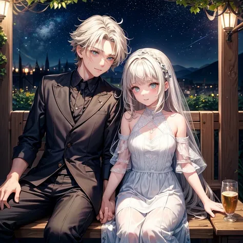 Happy couple, 1 girl 1 boy, different hair color, long dark hair and grey eyes, short blonde hair and green eyes, face to face, romantic, outdoor, under the starry sky, night, sitting down, patting girls head gently, mouth opens, talking, teenages, dark ha...