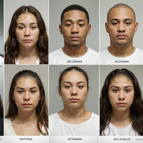 A photo realistic poster board of alleged gang members, young adult African Americans or Latinos or Latinas, shown from left the right. The alleged gang members will be shown with their photorealistic, hyper realistic, human like, life like, dark grey back...