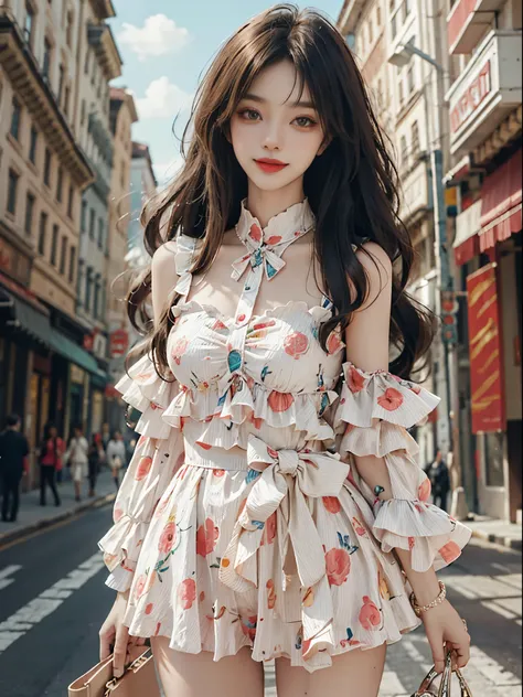 Sweet girl clothes6,print dress,, fashi-girl, ((cowboy shot)), A beautyful girl, a young female model, Random pose, posing elegantly, visually appealing, tmasterpiece, (Best quality at best, 4K, 8K, A high resolution, tmasterpiece:1.2), a warm color palett...