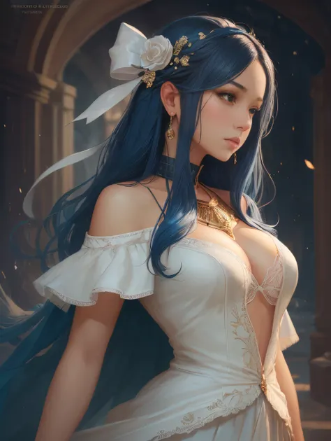 tall girl, blue hair, white dress, long hair, deep focus, d & d, fantasy, sophisticated, elegant, highly detailed, digital painting, artstation, concept art, matte, clear focus, illustration, hearthstone, works by artgerm, greg rutkowski and alphonse mucha...