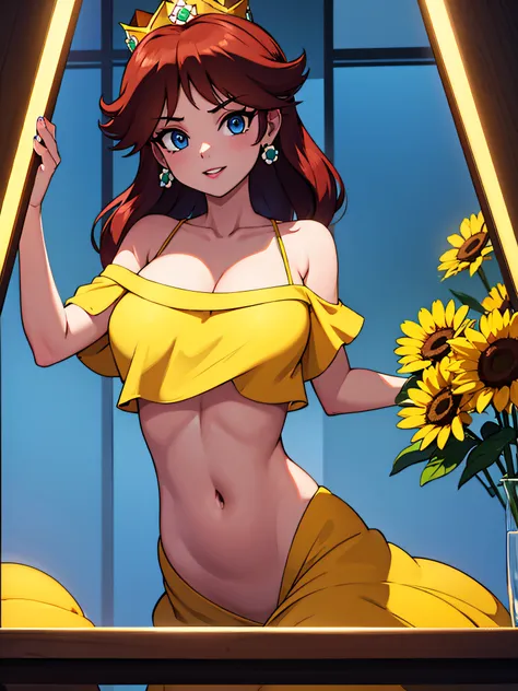 ((high detailed, best quality, 4k, hd:1.3)), princess daisy, blue eyes, original, seductive, attractive, fanart, sexy smile, smo...