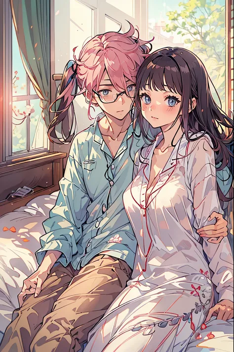 quality　tmasterpiece　Male and female couples　The girl sits on the bed，Sling pajamaoys hugging each other from behind。Only suitable for boys，Go with mixed hairstyles。Do not wear glasses、revenge relationship, zhekidig , Handsome boy