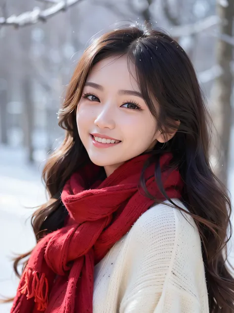 close-up of a woman in a sweater, red neckchief, a warm and gentle smile, gorgeous young korean woman, beautiful korean women, b...