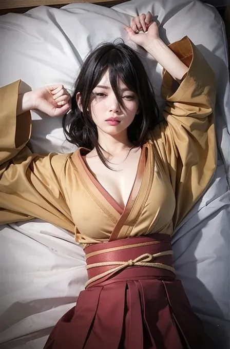 Cute girl laying in bed with arms up and eyes closed, wearing a  robe, sexy gils, big tits, seductive  girl, range murata and artgerm, kotegawa yui, woman, beautiful alluring woman, in kimono, beautiful woman, in a kimono, young woman, realistic