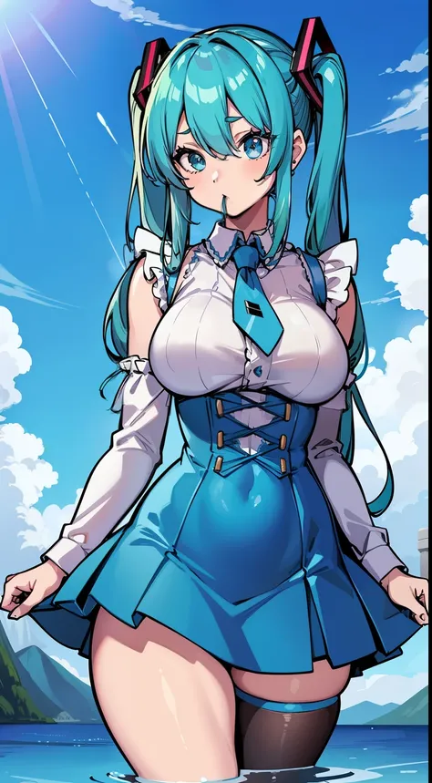 (masterpiece), (best quality), (4k resolution), (anatomy; perfect), character Hatsune Miku, 1 adult girl, light skin, blue eyes, (big blue hair), (locks, bangs), tied hair two sides, (hair lighting effects), eyebrow, nose, ear, mouth, lips, long sleeve blo...