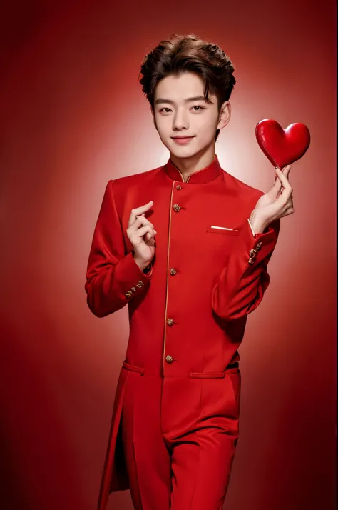 sweets 20 year-old handsome guys, red outfit, same cloth, studio picture, happy emotion, tied hair, have a heart sign in the left hand, 8k, super detail, accurate, best quality, best quality, super detail