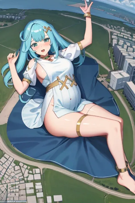 Giant maiden，Moe two-dimensional style，Pregnancy status，Round belly，Gaze at the bustling city, Lying down, Resting, Full body