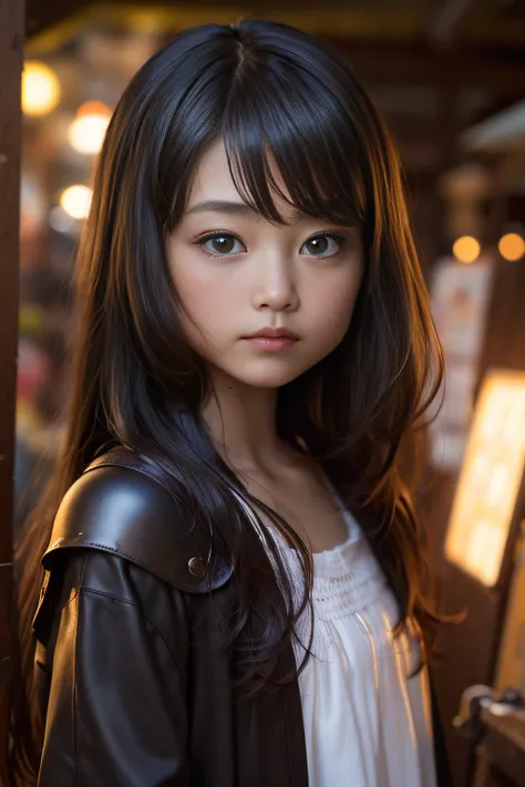 {masutepiece},{Best Quality},{1girl in}, Cute,Giljin, 11 years old, Beautiful detailed eyes, Ruby eyes, Long hair, black colored hair,Face like an idol、Beautiful Model Girl、Innocent look of a girl、lovely delicate face、Narrow-eyed, drooping eyes、Leather arm...