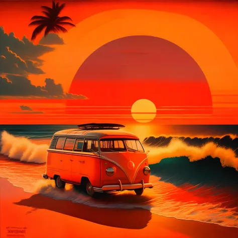 "um poster vintage de uma kombi vermelha e laranja que carrega uma prancha de surf em cima, in a beach setting, um grande mar ao fundo em destaque, sun sunset, reddish sky, uma pintura ultrafina detalhada, pintura de cena americana, Anton Fadeev, retro"