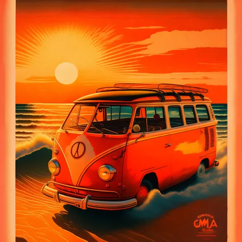 "um poster vintage de uma kombi vermelha e laranja que carrega uma prancha de surf em cima, in a beach setting, um grande mar ao fundo em destaque, sun sunset, reddish sky, uma pintura ultrafina detalhada, pintura de cena americana, Anton Fadeev, retro"