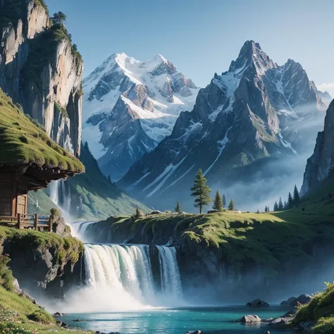 mountain waterfall painting，There  a house on it, Portrait wallpaper, 4k vertical screen wallpaper, 4k vertical screen wallpaper, 8k vertical screen wallpaper, 8k vertical screen wallpaper, ross tran. scenery background, beautiful matte painting, 4K matte ...