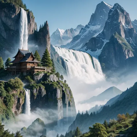 mountain waterfall painting，There  a house on it, Portrait wallpaper, 4k vertical screen wallpaper, 4k vertical screen wallpaper, 8k vertical screen wallpaper, 8k vertical screen wallpaper, ross tran. scenery background, beautiful matte painting, 4K matte ...