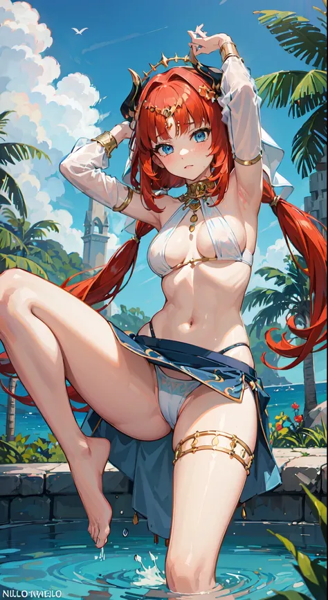 nilou, red hair, long hair, blue eyes, gown, skirt, slim legs, navel, happy, cleavage, bend over, pool, sad, underboob grab the ass
 (panties, panty pose, upskirt:1.3), perfect foot,