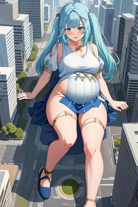 Giant maiden，Moe two-dimensional style，Pregnancy status，Round belly，Gaze at the bustling city, Lying down, Bouncy belly, Full body