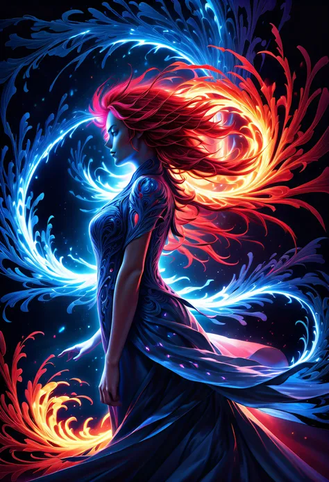 A red and blue tornado, a huge veil of flames, a transparent flame enveloping you., When Air Silver Flower Lady, Fine, shaggy, shiny hair, minimal spark explosion background, Exciting and eclectic rich colors, Astrophotography Flame Double Exposure Two ima...