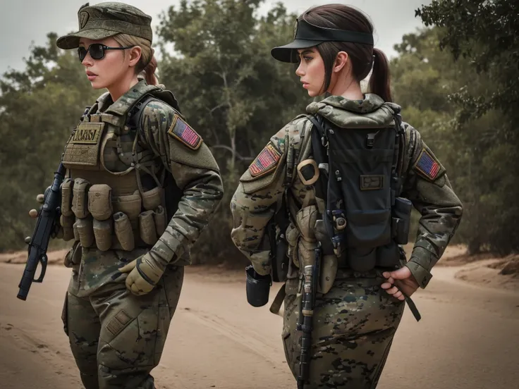 sexy, millitary, us soldier, plate carrier, gun, M4A1 rifle, baseball hat,  black uniform, lots of pockets, long hair sticking out the back of baseball hat,  stronge arms, in combat,, tinted combat sunglasses, bandana, combat gloves, ponytail, two girls, j...