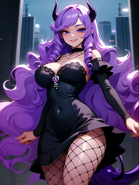 A beautiful and sexy woman with long wavy violet hair, drill curls, side-swept bangs, sharp blue eyes, light skin, smile, wearing a sparkly black dress, fishnet stockings and pearl necklace, theres two black devil horns on her head, and she also has a blac...