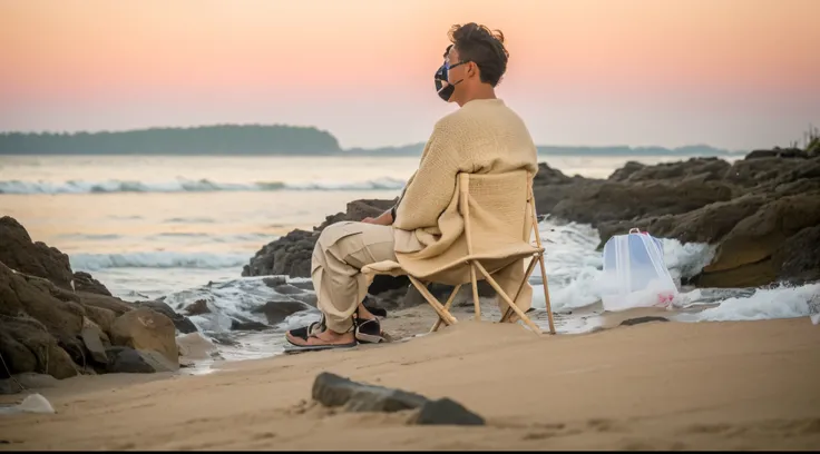 There was a man sitting on a chair on the beach, sitting in beach, sitting on a rocking chair, man sitting facing away, sentado na praia, Shot with Canon eos 5d mark IV, sitting relax and happy, Sat down, Cooldown time. Good view, sitting in front of the l...