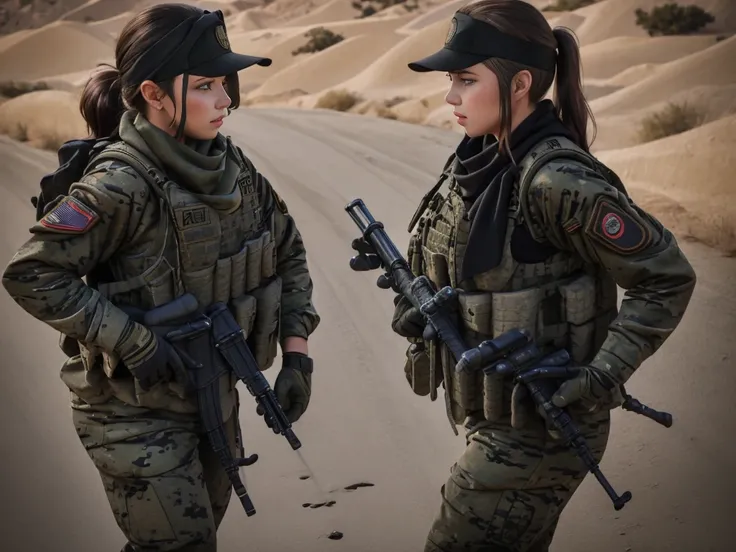 sexy, millitary, us soldier, plate carrier, gun, M4A1 rifle, baseball hat,  black uniform, lots of pockets, long hair sticking out the back of baseball hat,  stronge arms, in combat,, tinted combat sunglasses, bandana, combat gloves, ponytail, two girls, j...