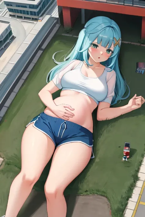 Giant maiden，Moe two-dimensional style，Pregnancy status，Round belly，Gaze at the bustling city, Lying down, Burp, Sports bra, Very thight shorts, Full body