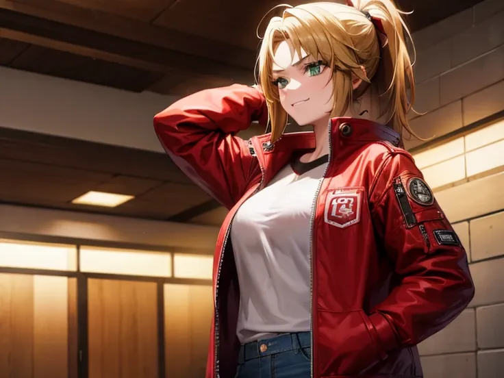 1girl, green eyes, high res, ultrasharp, 8K, masterpiece, looking at viewer, smirking, blonde, messy mid-pony tail, posing, red hair tie, red jacket, short denim