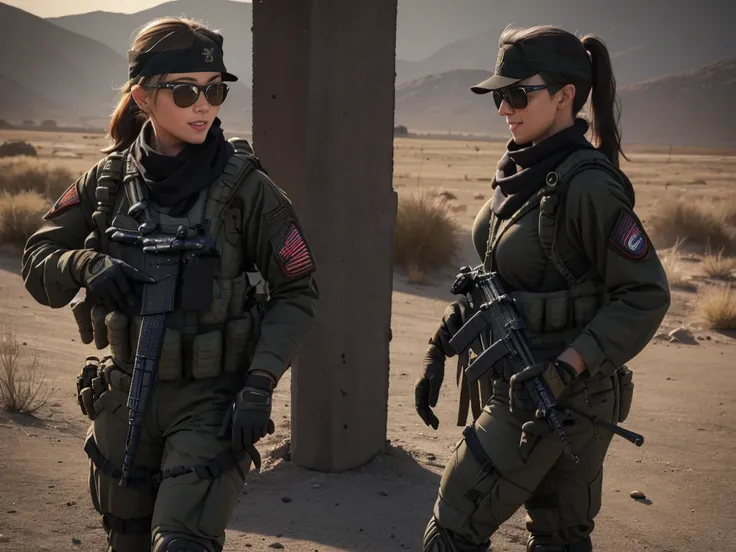 sexy, millitary, us soldier, plate carrier, gun, M4A1 rifle, baseball hat,  black uniform, lots of pockets, long hair sticking out the back of baseball hat,  stronge arms, in combat,, tinted combat sunglasses, bandana, combat gloves, ponytail, two girls, j...