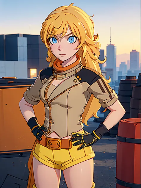 1girl, medium breasts, leotard, bare legs, gloves, boots, superhero, standing, hands on hip, city backdrop, (beautiful detailed eyes:1.6), (perfect hands, perfect anatomy), yang xiao long, serious, medium hair