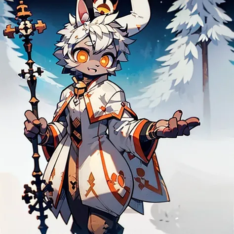 ( female white bunny)  ( white cloak with golden on it ) ( stars symbol on her chest) ( long bunny ear fluffy)( fairytale forest cover in snow )  ( holding a staff  ) ( covered in blood)