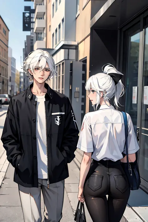 (Masterpiece), A white-haired boy on campus, next to a girl with a black ponytail