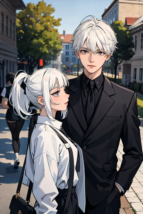 (Masterpiece), A white-haired boy on campus, next to a girl with a black ponytail