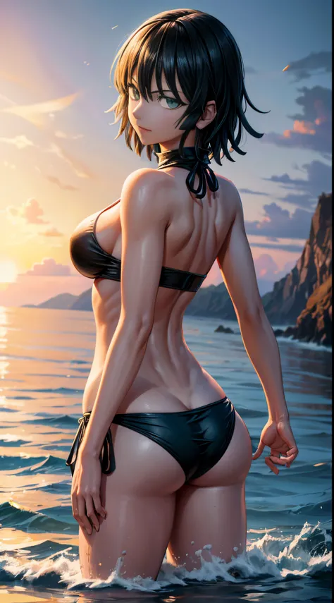 (Obra maestra, Vibrante escena de playa:1.2), (Fubuki de One Punch Man:1.5) , (Enjoying a sunny day:1.1), (con un bikini negro de tanga:1.4), (Well-endowed bust and curvilinear melt:1.4) , (cuerpo proporcional a pesar de su baja estatura:1.1), (Photograph ...