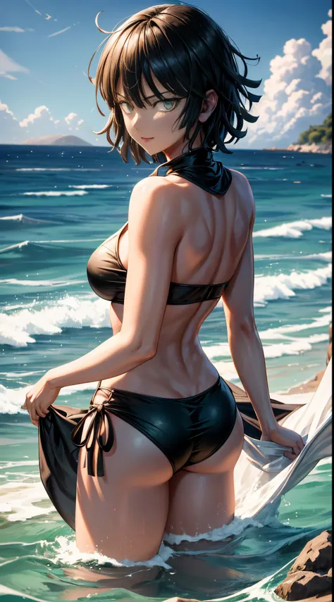 (Obra maestra, Vibrante escena de playa:1.2), (Fubuki de One Punch Man:1.5) , (Enjoying a sunny day:1.1), (con un bikini negro de tanga:1.4), (Well-endowed bust and curvilinear melt:1.4) , (cuerpo proporcional a pesar de su baja estatura:1.1), (Photograph ...