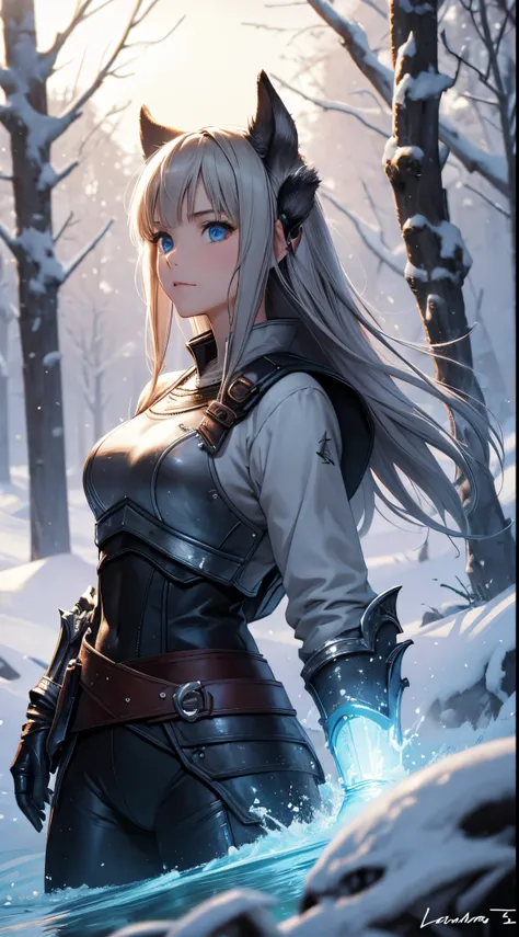 Nino Nakano,armadura de skyrim,bosque noche nevado luz de luna