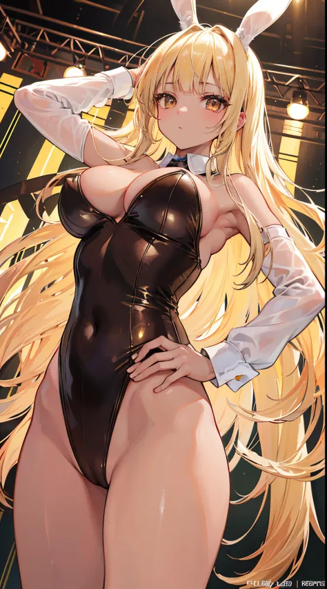 (8K、Top image quality、top-quality、​masterpiece)、A detailed face、1 girl in、Blonde longhair、blunt bangs、Golden eyes、((Brown skin))、show the grinps、very Bigger breasts、playboy bunny、Put your hands on your hips、cowboy  shot、Stage Background、Taken from below