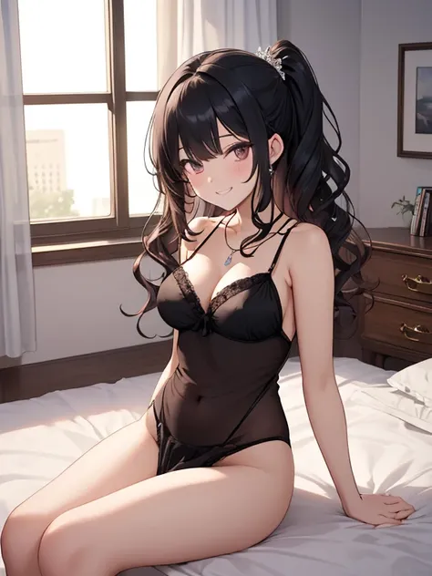 //Character 1girl, newlywed wife ,   slim and soft, medium large breast, ultra detailed face, innocent, round face, thin eyeblow,  sparkly  pupils, translucent skin, extra long hair, black hair,  curly hair, flowing bangs, 
BREAK
 //Fashion 
Her outfit is ...