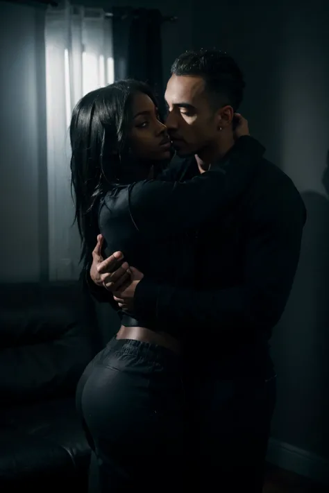 dark aesthetic, actor victor rasuk hugging singer justine skye, very dark, deep shadows, dramatic lighting, moody aesthetic, dark cinematic, dramatic shadows, wearing sweat pants in a small living room near sofa, fine details, attention to detail, shadow p...