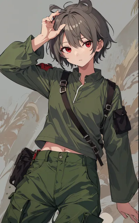 ​masterpiece,女の子1人,Soio,Behold,symple background,short-hair,Green shirt,Blue Pants,red eyes, Dark green oversized top　,((Gray cargo pants))