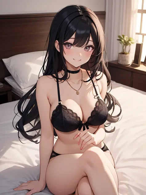 //Character 1girl, newlywed wife , slim and soft, medium large breast, ultra detailed face, innocent, round face, thin eyeblow, sparkly pupils, translucent skin, extra long hair, black hair, curly hair, flowing bangs, BREAK //Fashion Her outfit is simple, ...