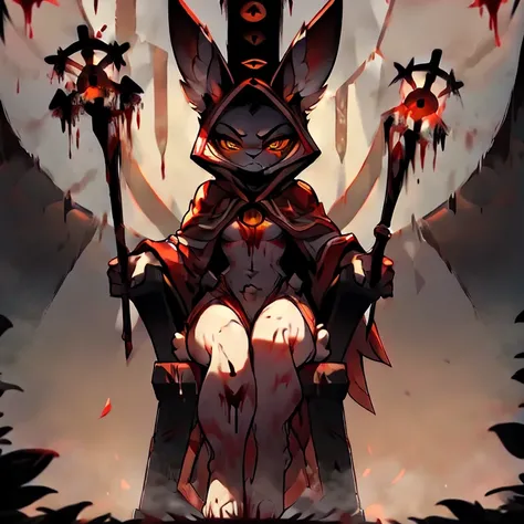 ( female white bunny)  ( white cloak with golden on it that covered in blood ) ( golden eyes) ( stars symbol on her chest) ( sitting on a throne ) ( cult tent )  ( holding a staff  ) ( death glare) ( face cover in blood)